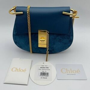 Chloe Suede Smooth Calfskin Mini Drew Shoulder Bag Gold Chain Majolica Blue
